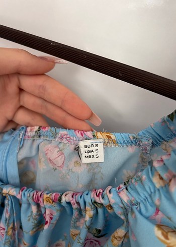 Diğer Mavi Çiçek Desenli Bohem Midi Elbise