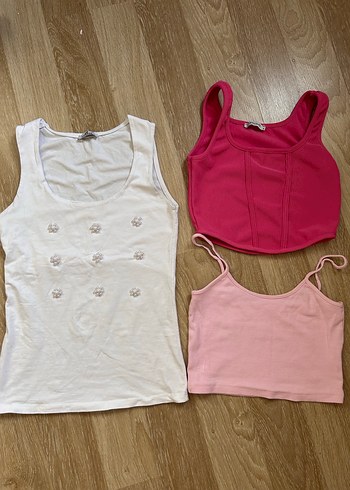 Pembe Mini Askılı ve Kolsuz Üçlü Kadın Atlet