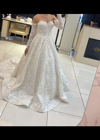 Uzun Kollu Straplez Prenses Gelinlik - Görsel 3