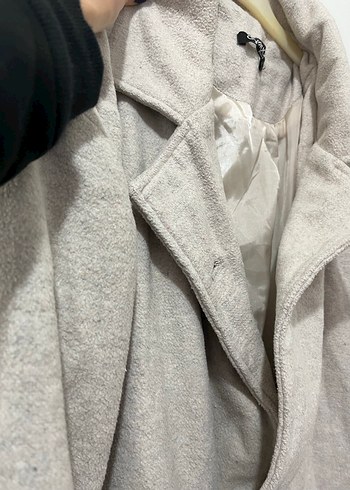 Düğmeli Gri Keten Kadın Kaban - Görsel 3