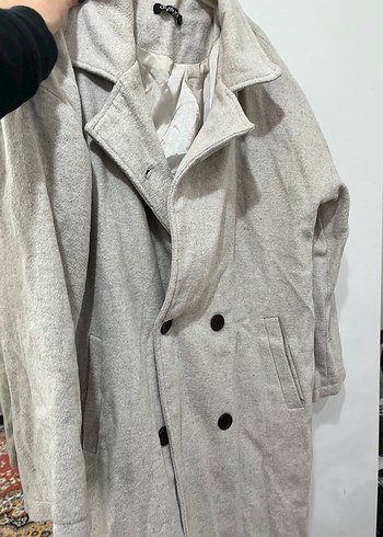 Düğmeli Gri Keten Kadın Kaban - Görsel 4