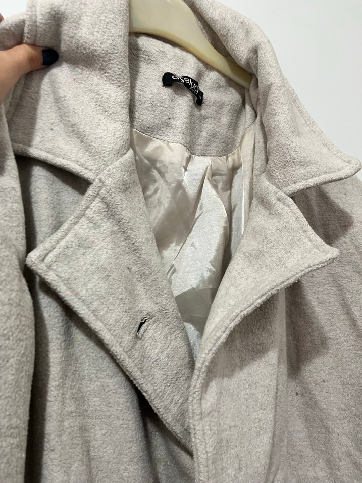 Düğmeli Gri Keten Kadın Kaban - Görsel 2