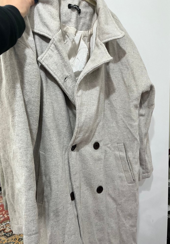 Düğmeli Gri Keten Kadın Kaban - Görsel 4