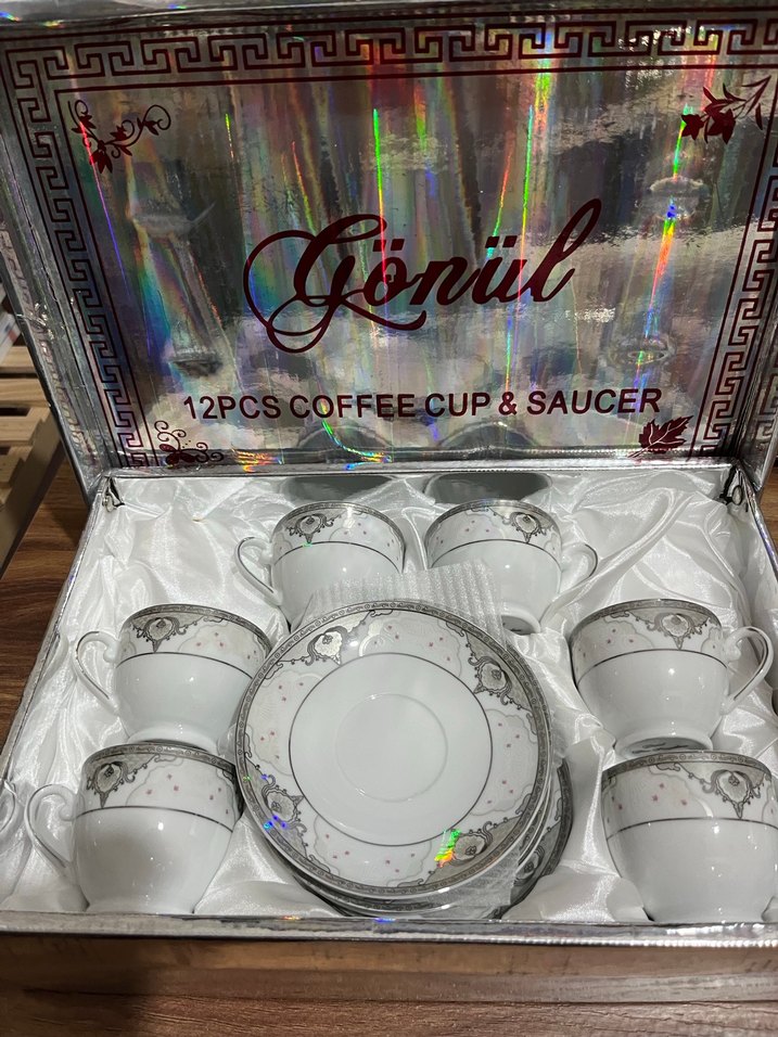 Gri Desenli Beyaz Porselen Çay Fincanı Takımı - Görsel 3