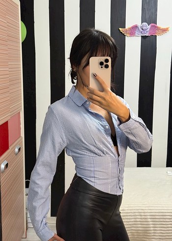 Diğer Düğmeli V Yaka Çizgili Kadın Gömlek