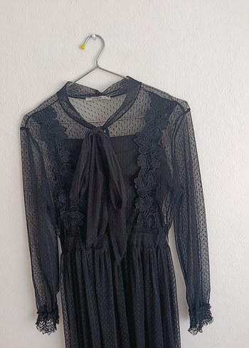 Dantel Detaylı Siyah Midi boy Elbise - Görsel 3