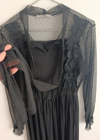 Dantel Detaylı Siyah Midi boy Elbise - Görsel 2