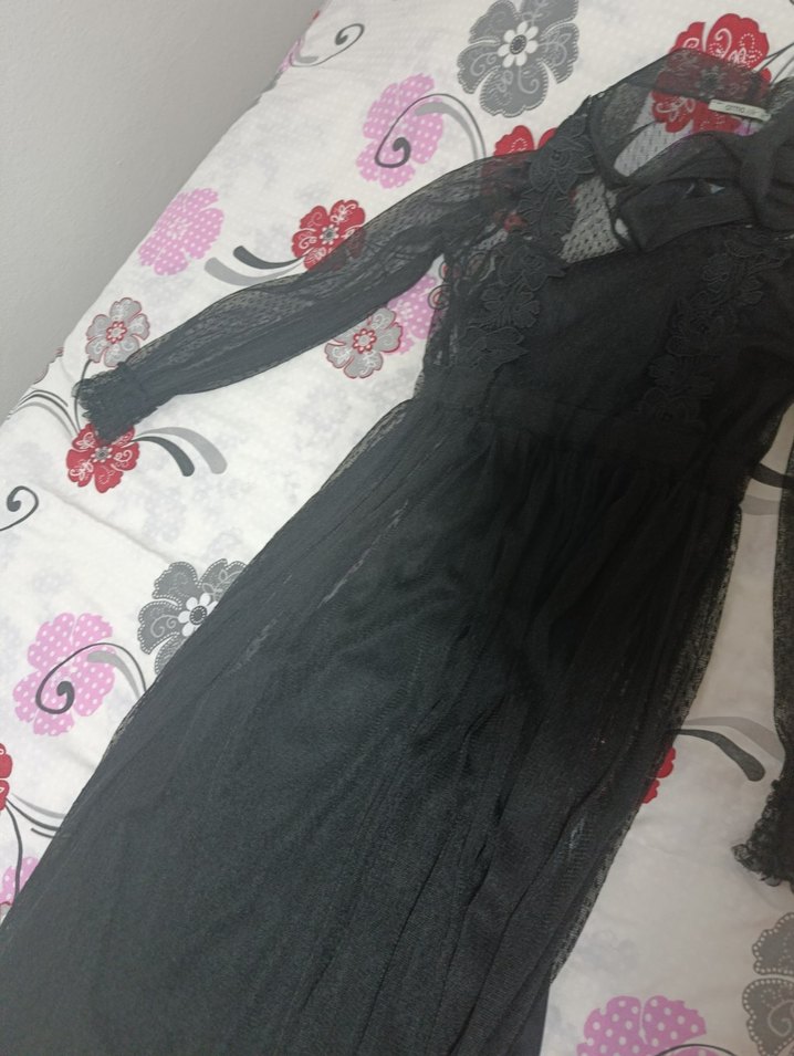 Dantel Detaylı Siyah Midi boy Elbise - Görsel 5