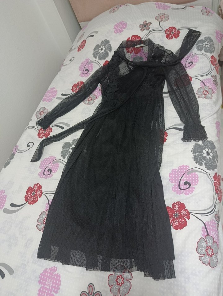 Dantel Detaylı Siyah Midi boy Elbise - Görsel 4