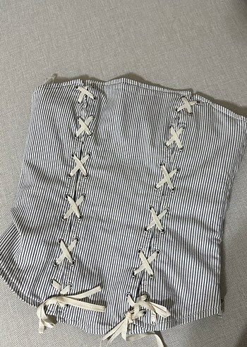 Zara İnce Cizgili Straplez Korse Bluz
