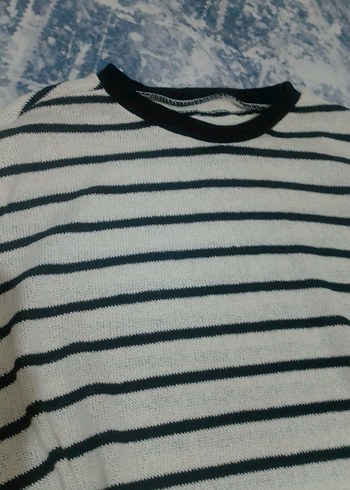 Çizgili Bisiklet Yaka Uzun Kollu Kadın Triko - Görsel 4