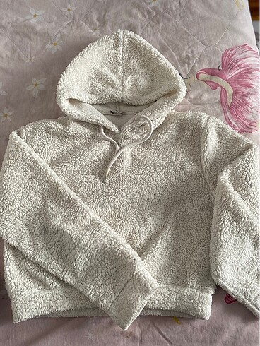 s Beden beyaz Renk Yumoş polar crop tarzında beyaz renkli kapüşonlu sweat