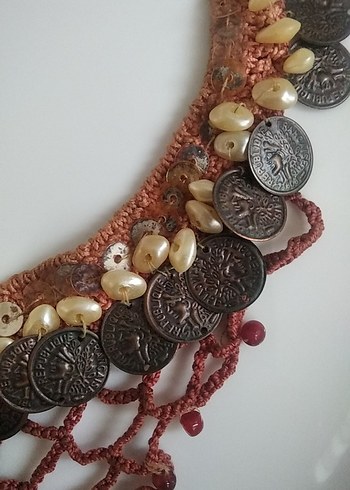 Toprak tonlarında sedefli İncili pullu Boncuklu Bohem Uzun Kolye - Görsel 4