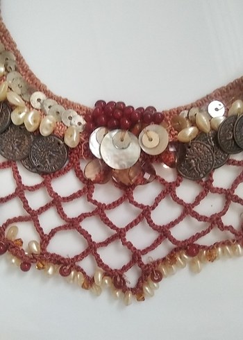 Toprak tonlarında sedefli İncili pullu Boncuklu Bohem Uzun Kolye - Görsel 2