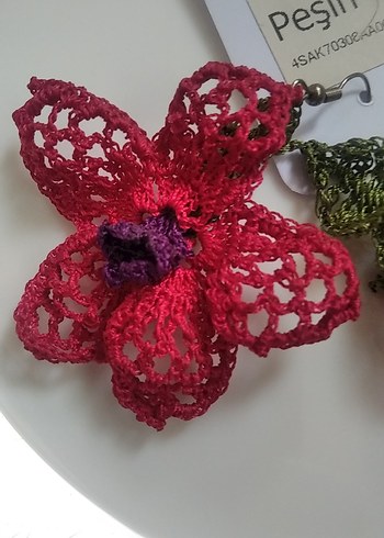 El yapımı Dantel Çiçek Desenli Pembe Otantik Küpe - Görsel 6