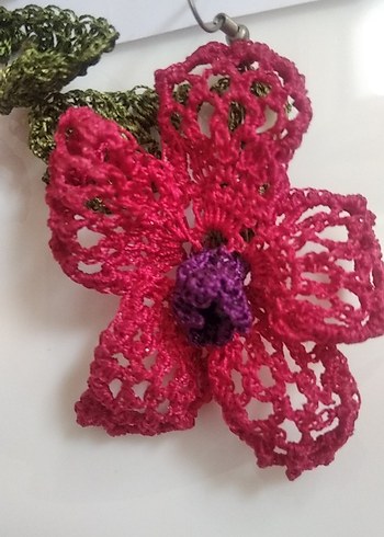 El yapımı Dantel Çiçek Desenli Pembe Otantik Küpe - Görsel 7