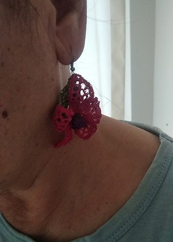 El yapımı Dantel Çiçek Desenli Pembe Otantik Küpe - Görsel 8