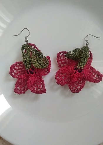 El yapımı Dantel Çiçek Desenli Pembe Otantik Küpe - Görsel 2