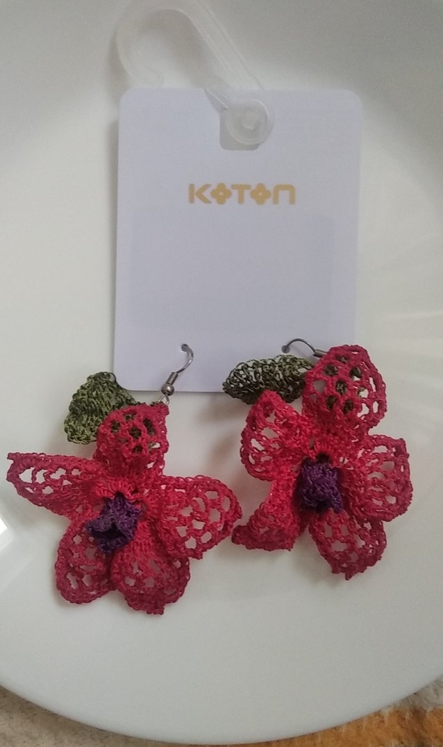 El yapımı Dantel Çiçek Desenli Pembe Otantik Küpe - Görsel 3