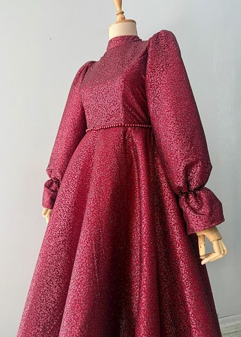 38 Beden Bordo Uzun Kollu İşlemeli Henna Elbise