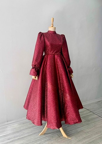 Abiye Bordo Uzun Kollu İşlemeli Henna Elbise