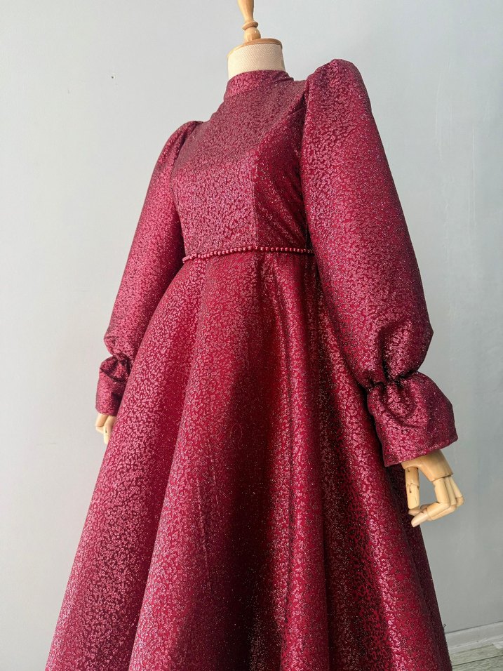 Bordo Uzun Kollu İşlemeli Henna Elbise - Görsel 3