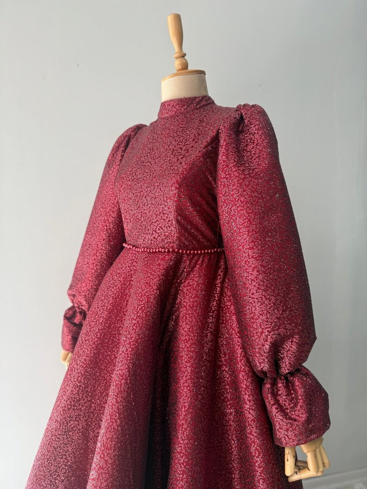 Bordo Uzun Kollu İşlemeli Henna Elbise - Görsel 4