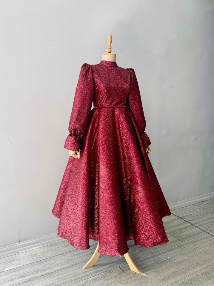 Bordo Uzun Kollu İşlemeli Henna Elbise - Görsel 2