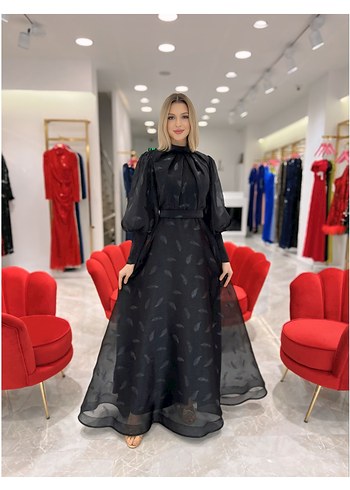 Uzun Siyah Drapeli Kadın Abiye Elbise - Görsel 2