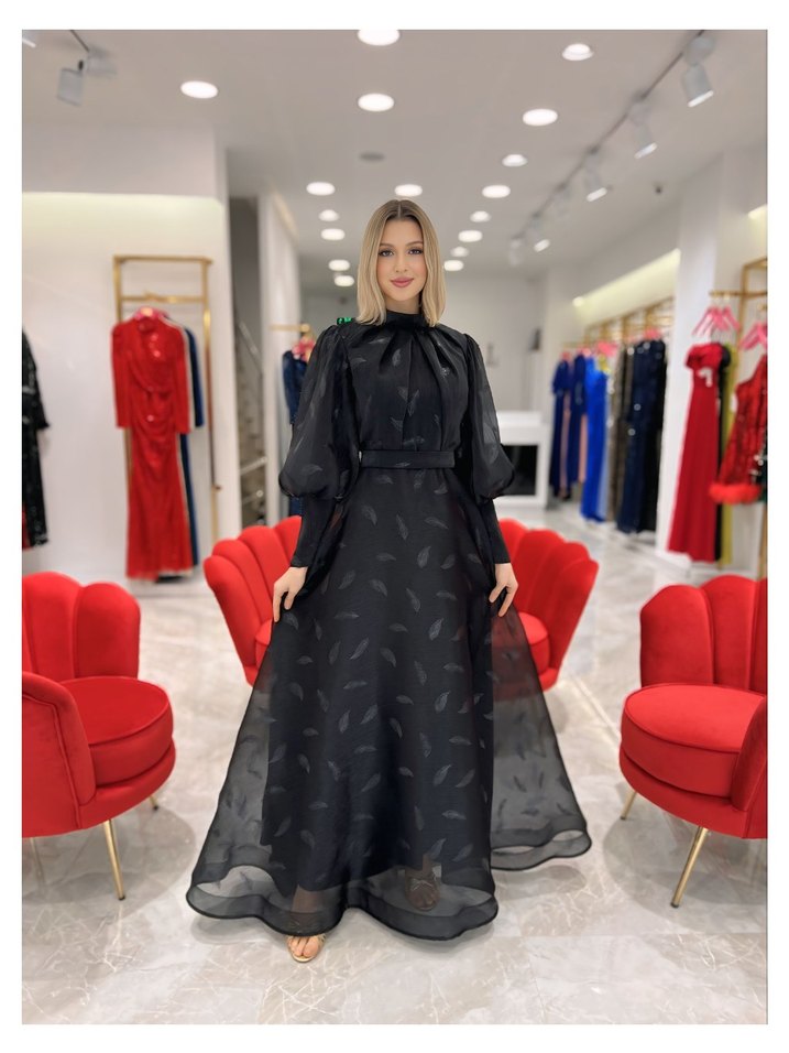 Uzun Siyah Drapeli Kadın Abiye Elbise - Görsel 2