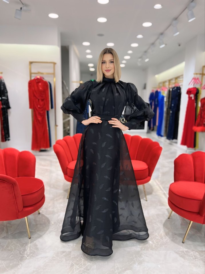 Uzun Siyah Drapeli Kadın Abiye Elbise - Görsel 3