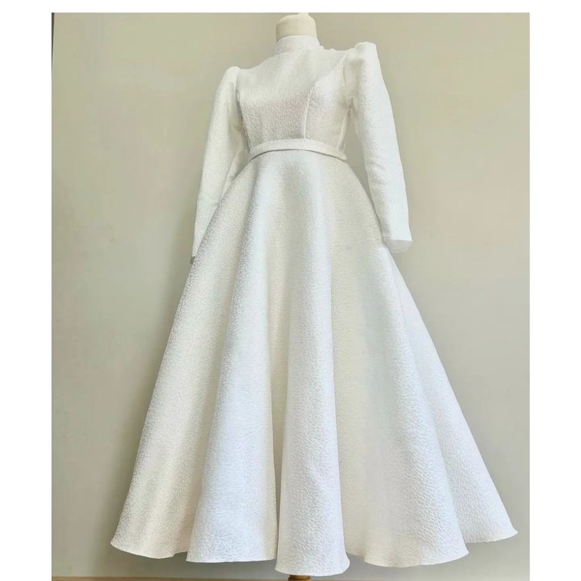 Parlak Beyaz Uzun Kollu A-Line Gelinlik - Görsel 3