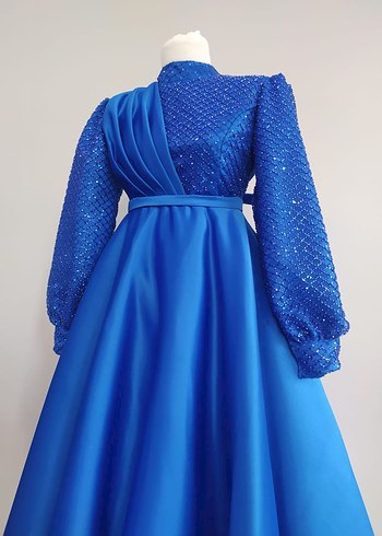 Uzun Kollu Drapeli Mavi Abiye Elbise - Görsel 3