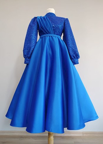 Uzun Kollu Drapeli Mavi Abiye Elbise - Görsel 4