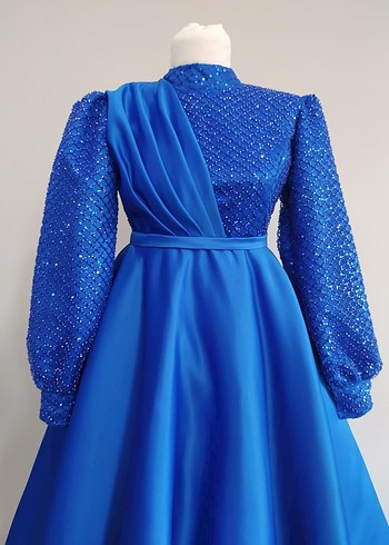 Uzun Kollu Drapeli Mavi Abiye Elbise - Görsel 2