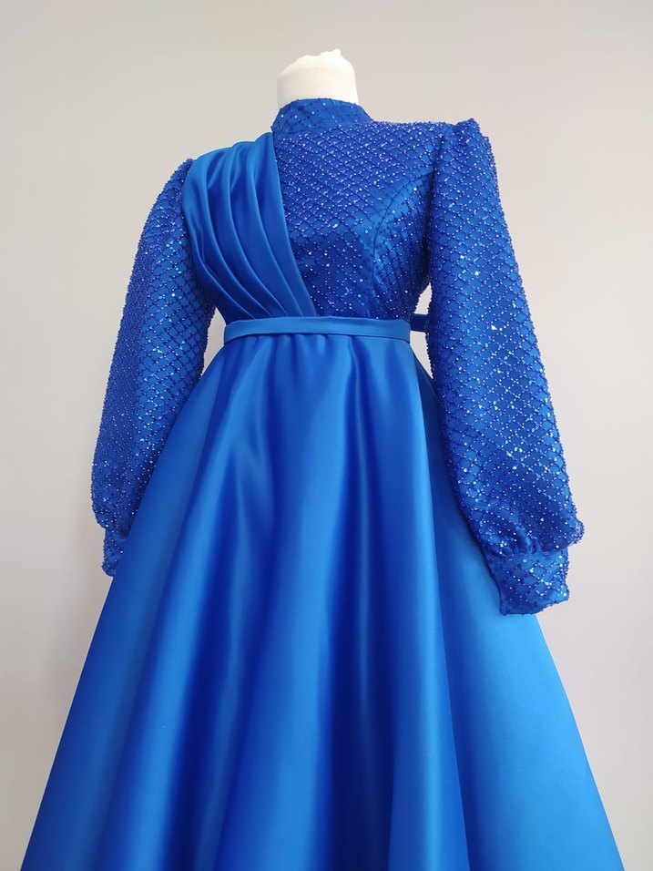 Uzun Kollu Drapeli Mavi Abiye Elbise - Görsel 3