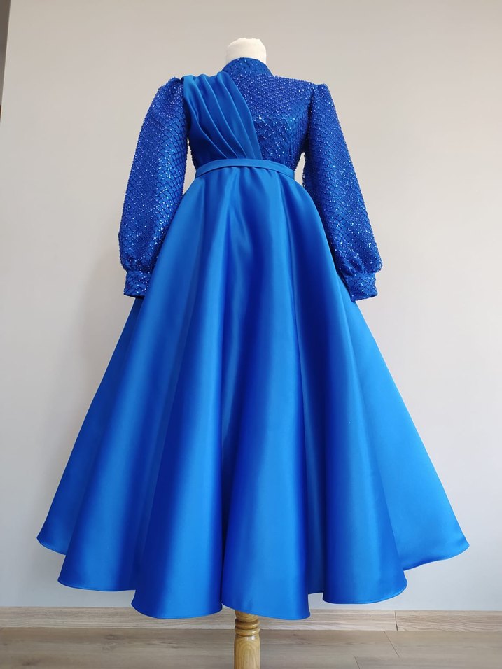 Uzun Kollu Drapeli Mavi Abiye Elbise - Görsel 4