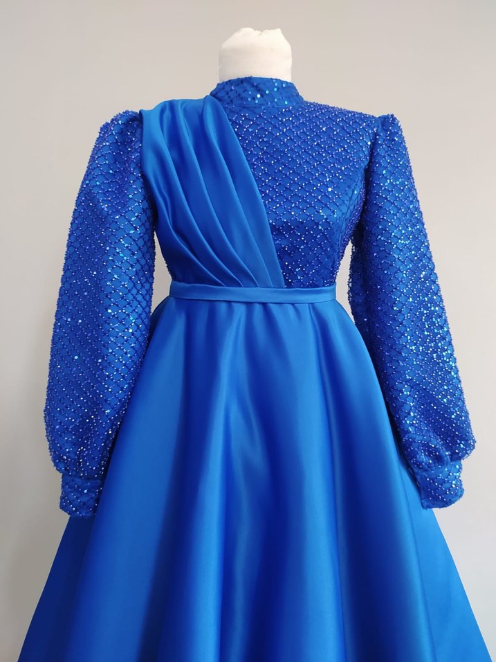 Uzun Kollu Drapeli Mavi Abiye Elbise - Görsel 2