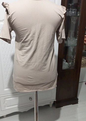Bej Kadın Kısa Kollu Salaş Tişört - Görsel 3