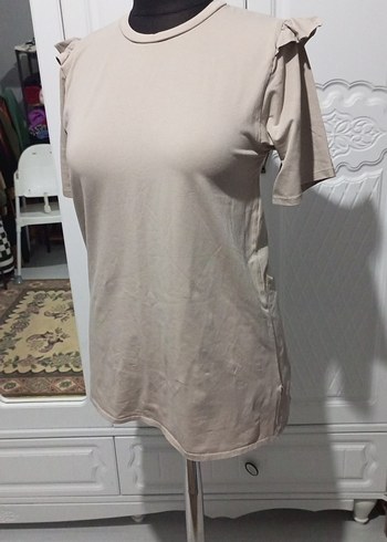 Bej Kadın Kısa Kollu Salaş Tişört - Görsel 2