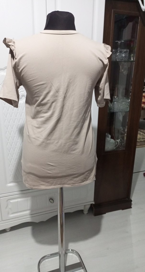 Bej Kadın Kısa Kollu Salaş Tişört - Görsel 3