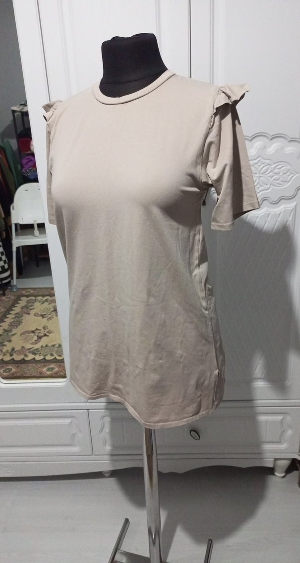 Bej Kadın Kısa Kollu Salaş Tişört - Görsel 2