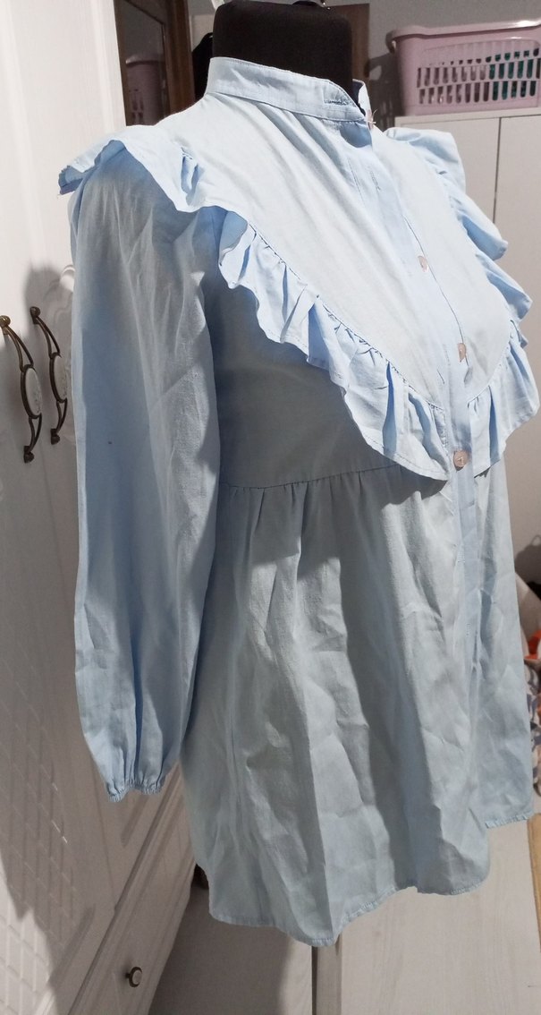 açık Mavi , Fırfırlı, Uzun Kollu kadın gömlek - Görsel 3