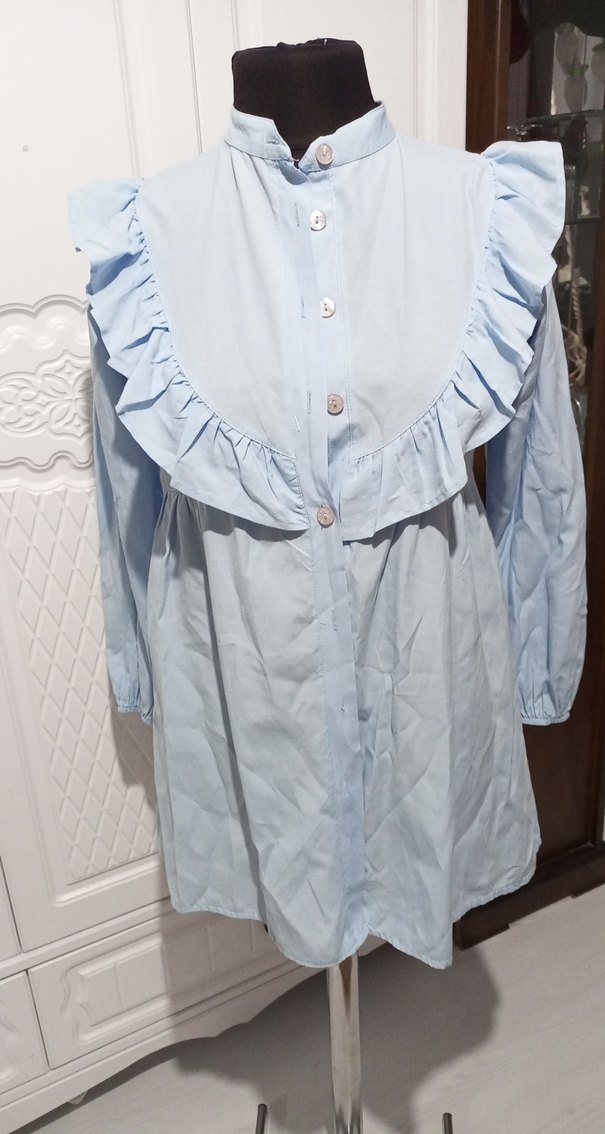 açık Mavi , Fırfırlı, Uzun Kollu kadın gömlek - Görsel 2