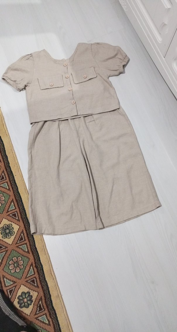 Bej Keten  kız çocuk takım - Görsel 2