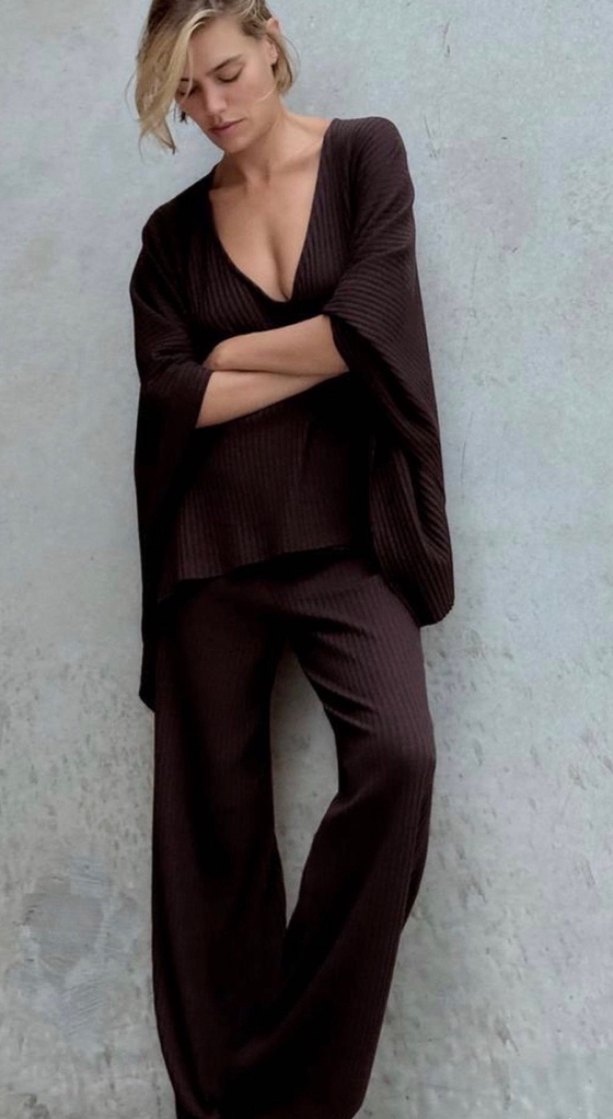 Zara Kahverengi  Yaka Örgü Kadın Kazak - Görsel 2