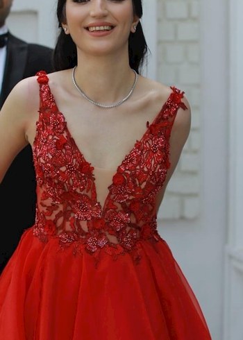 Parlak Kırmızı Drape V Yaka Uzun Abiye - Görsel 2