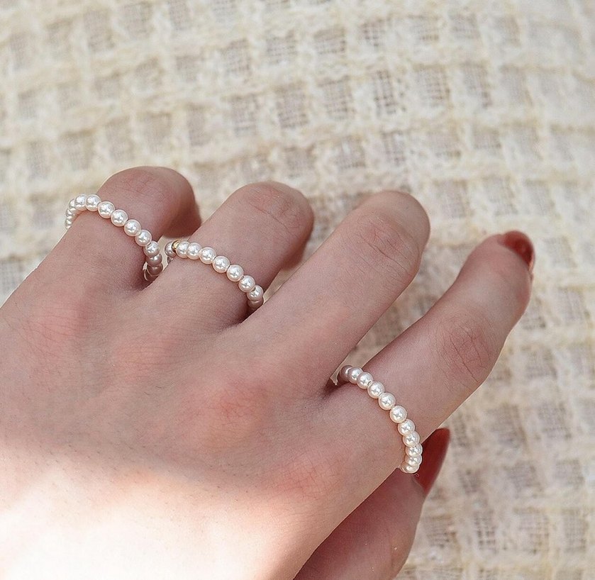 Beyaz Boncuklu Minimalist Kadın Yüzük - Görsel 2