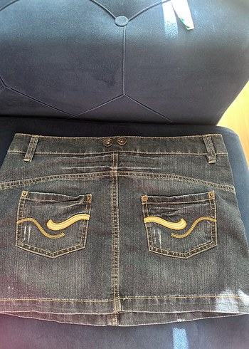 xs Beden Düğmeli Gri Kahverengi Denim Mini Etek