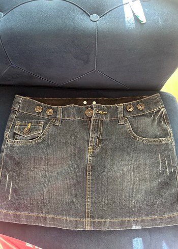 Düğmeli Gri Kahverengi Denim Mini Etek